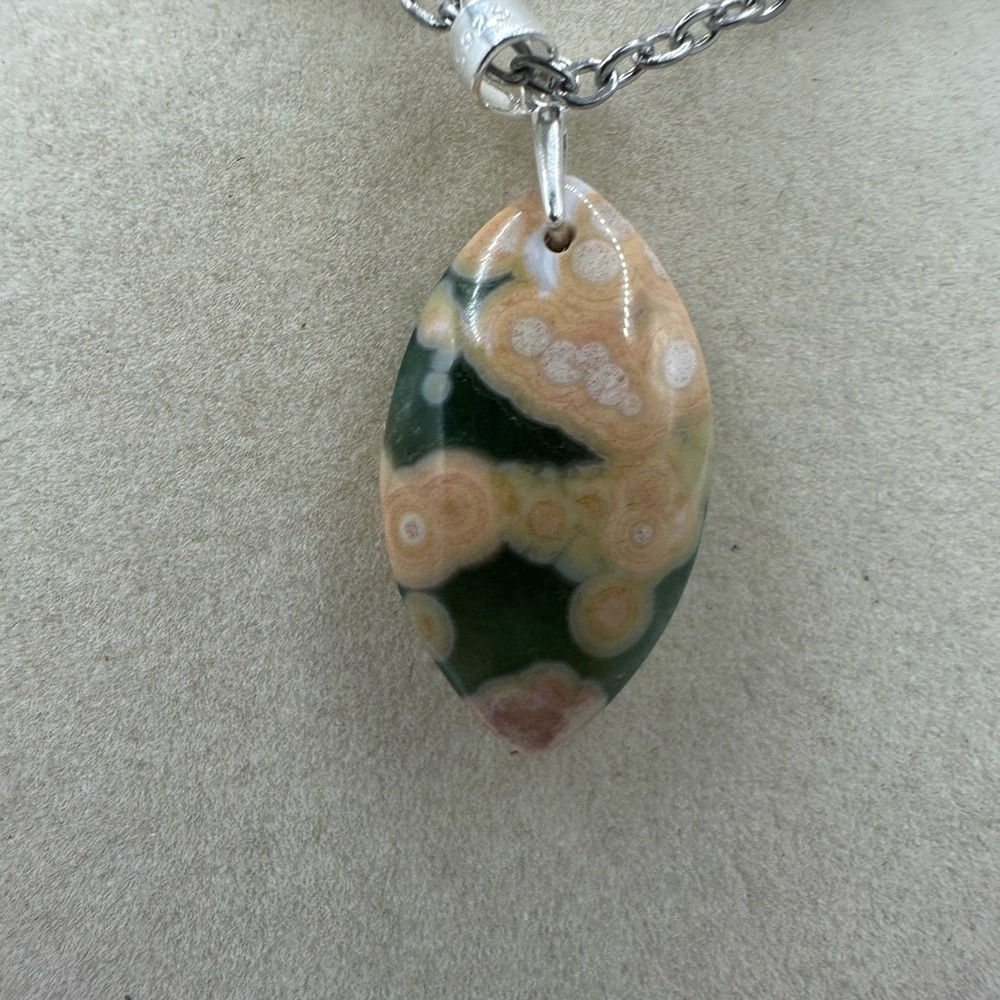Eye Shaped Ocean Jasper Pendant on Stainless Steel Chain - Picture 3 of 9